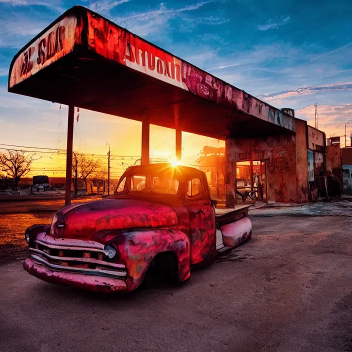 Image similar to a sunset light landscape with historical route 6 6, lots of sparkling details and sun ray ’ s, blinding backlight, smoke, volumetric lighting, colorful, octane, 3 5 mm, abandoned gas station, old rusty pickup - truck, beautiful epic colored reflections, very colorful heavenly, softlight