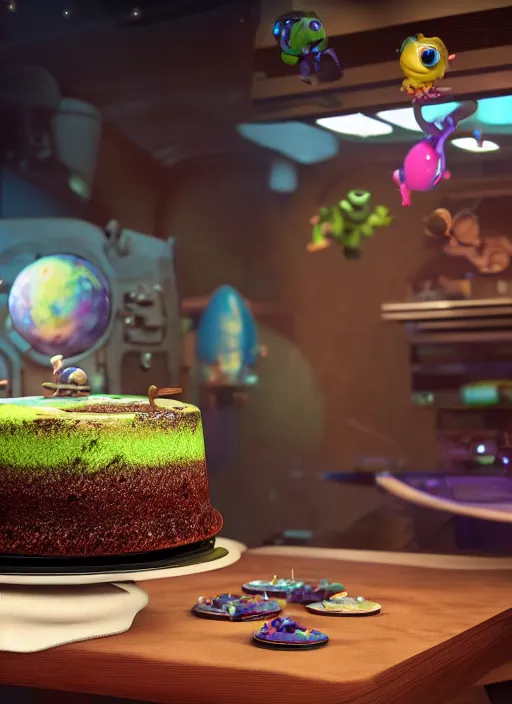 Prompt: a space cake on a table, au naturel, hyper detailed, digital art, trending in artstation, cinematic lighting, studio quality, smooth render, unreal engine 5 rendered, octane rendered, art style by pixar dreamworks warner bros disney riot games.