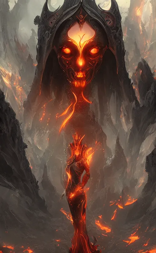 Prompt: female archfiend at the fiery pits of hell, flawless symmetrical pretty cute face, greg rutkowski, 8 k, shallow depth of field, intricate detail, concept art,