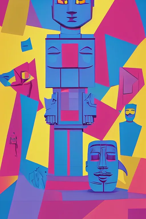 Image similar to cubist moai statue cutout digital illustration cartoon colorful beeple