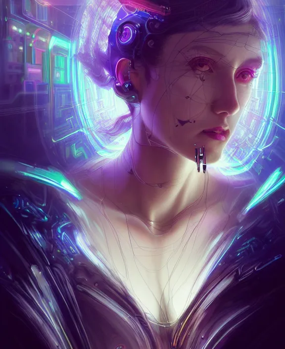 Image similar to a whirlwind of souls rushing inside the metaverse, hologram, half body, neurochip, shaved temple, piercing, jewelry, android, cyborg, cyberpunk face, by loish, d & d, fantasy, intricate, elegant, highly detailed, colorful, digital painting, artstation, concept art, art by artgerm and greg rutkowski and alphonse mucha