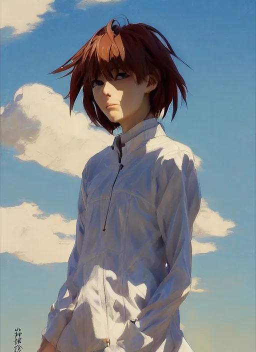 Image similar to portrait of Asuka Soryu Langley, Anime, countryside, calm, fantasy character portrait, dynamic pose, above view, sunny day, thunder clouds in the sky, artwork by Jeremy Lipkin and Giuseppe Dangelico Pino and Michael Garmash and Rob Rey, very coherent asymmetrical artwork, sharp edges, perfect face, simple form, 100mm