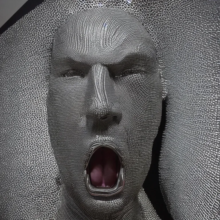 Image similar to enormous geometric accurate sculpture of james taylor sticking out his tongue, beautiful symmetrical!! face accurate face detailed face realistic proportions, made of chain mail and plate armor on a pedestal by ron mueck and frank frazzetta, cinematic lighting shocking detail 8 k