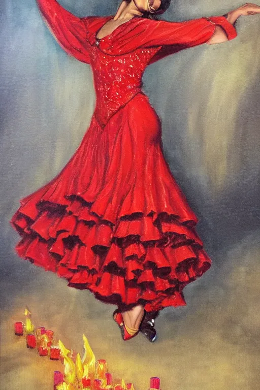 Image similar to vintage detailed oil painting of spanish flamenco dancer in mallorca wearing a red dress made of flowers, dress on fire, dimly lit by candles on the ground, looking away, dark shadows, photo realistic, extreme detail skin, no filter, slr, 4 k, high definition