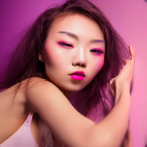 Image similar to a photo of slim girl, 2 0 yo, close - up, high detail, studio, smoke, sharp, red violet light, 8 5 mm sigma art lens