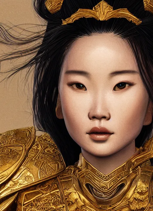 Prompt: realistic detailed painting of Mulan wearing sculpted textured golden armor, intricate complexity, close-up of the front of the face, super sophisticated texture, resolute expression, back lighting, 4K resolution, symmetric, clear facial features, golden ratio, Kojima, Amano, Charlie Bowater, Karol Bak, rich deep colors, Unreal Engine 5