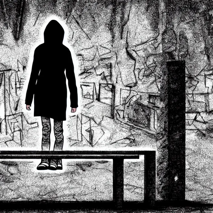 Image similar to sadie sink in hoodie sits on bench in ruined square, pedestrians walk by, old soviet monument. storyboard in the style of gabriel hardman. scifi cyberpunk. cinematic atmosphere, detailed and intricate, perfect anatomy