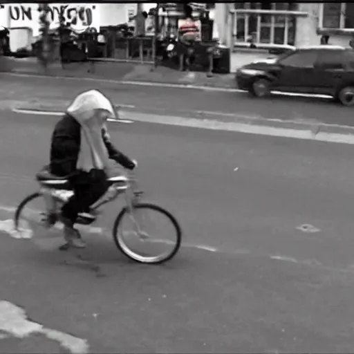 Image similar to cctv footage of jesus christ stealing a bike