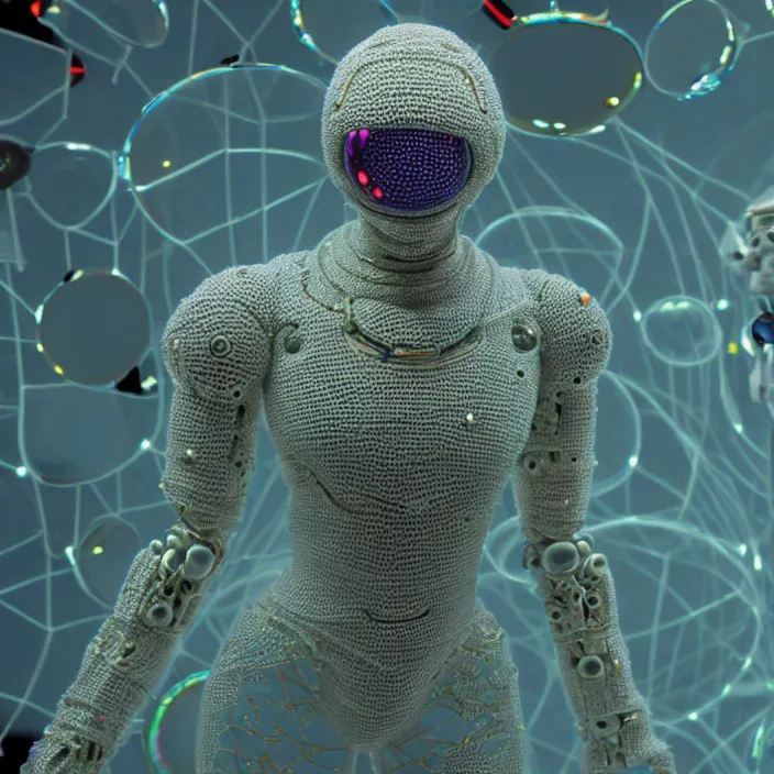 Image similar to a cybernetic symbiosis of a single astronaut mech-organic eva suit made of pearlescent wearing knitted shiny ceramic multi colored yarn thread infected with diamond 3d fractal lace iridescent bubble 3d skin dotted covered with orb stalks of insectoid compound eye camera lenses floats through the living room, film still from the movie directed by Denis Villeneuve with art direction by Salvador Dalí, wide lens,kevlar,carbon fiber,ceramics,gaseous materials,