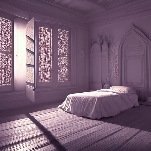 Image similar to illustration oil paint of a place where i can sleep forever in a bed of 1 0 0 0 cotton lines, silk sleep in heave for though eternity is the biggest mystery ever invented, creativity, intricate illustration of peace and faith, high detailed, octane render, volumetric shadows, 8 k, 4 0 mm, iso 1 0 0 wide view, super lens