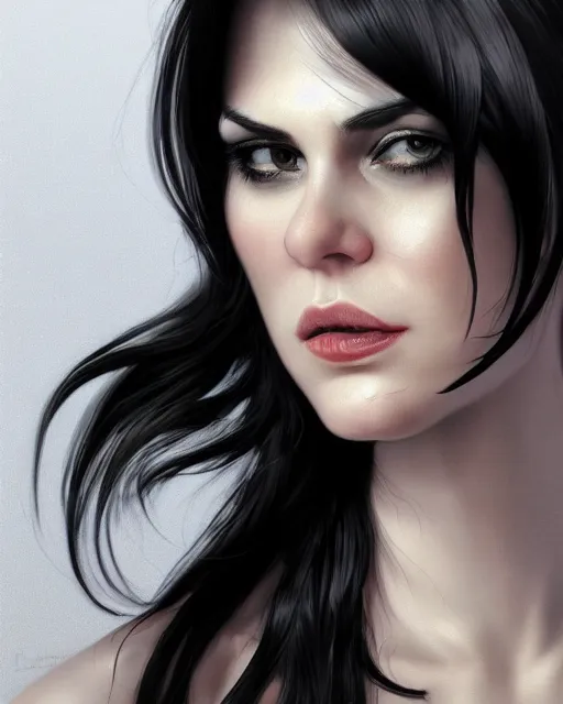 Image similar to portrait of a tall 4 0 - year - old woman with thin lips, heavy - lidded eyes, a strong jaw and long, thick shining black hair, thick eyebrows and long eyelashes, wearing in black clothes, hyper realistic face, beautiful eyes, character art, art by mark brooks, hyperdetailed, cryengine, trending on artstation, digital art