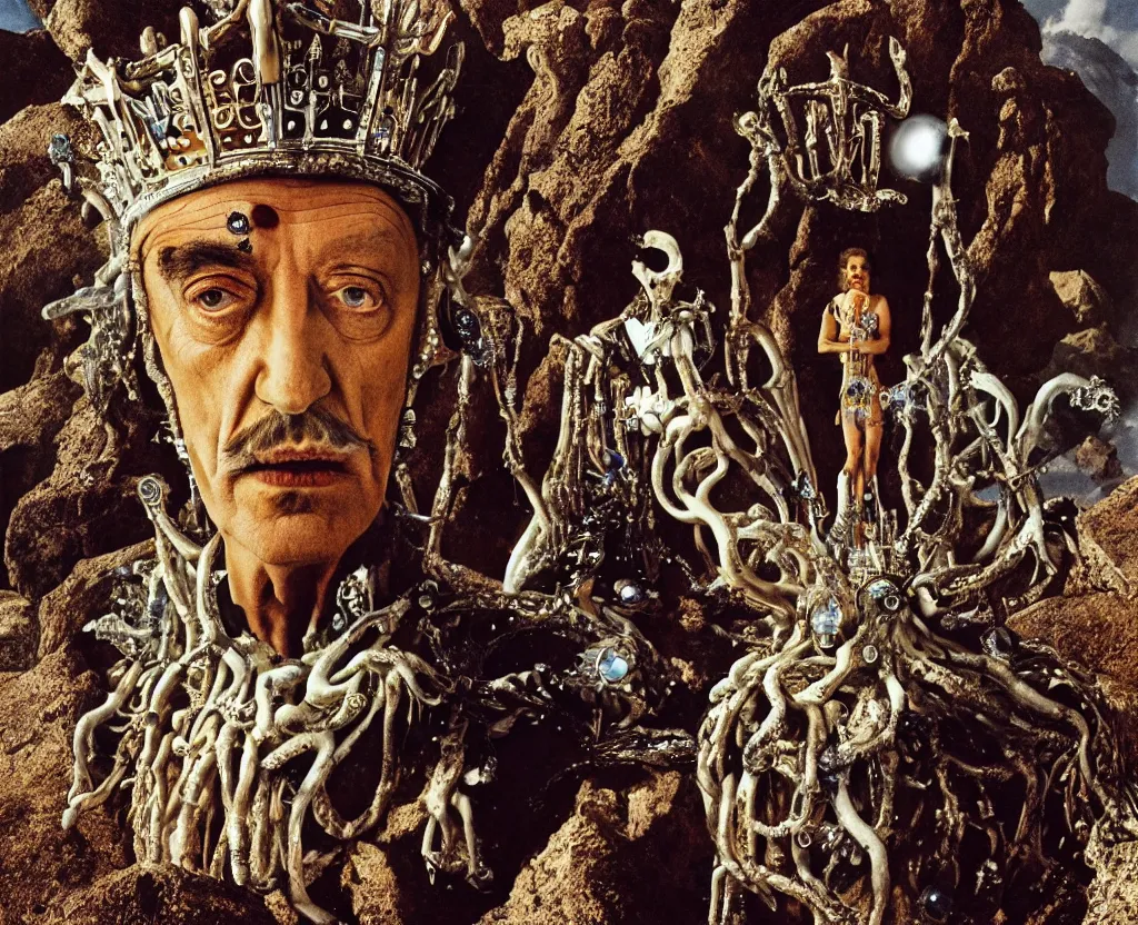 Image similar to portrait of salvador dali wearing a crown and costume with jewels in a dry rocky desert landscape, alien spaceship by giger, film still from the movie by alejandro jodorowsky with cinematogrophy of christopher doyle and art direction by hans giger, anamorphic lens, kodakchrome, very detailed photo, 8 k