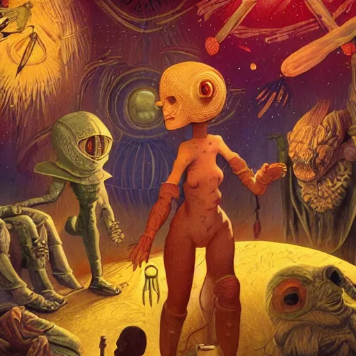 Image similar to medieval extraterrestrial villagers at bedside of severely injured unconscious short - haired blond woman, colorful, dramatic lighting, illustration, fantastic planet, ron cobb, mike mignogna, jim henson creature shop, science fiction, detailed painting, high detail, coherent, rough paper