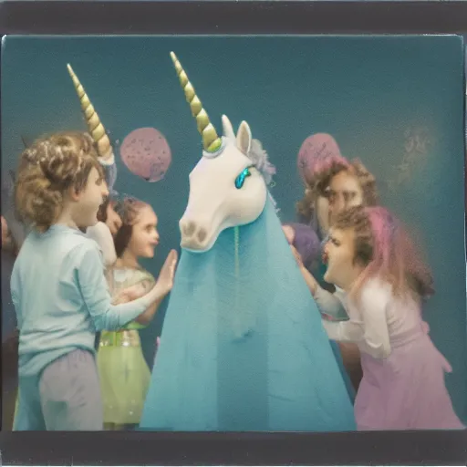 Image similar to by tony northrup mood, lavish robin egg blue, polaroid. a illustration of a pantomime unicorn onstage, surrounded by a group of children who are clapping & cheering. the unicorn is wearing a sparkly costume & has a long, flowing mane. its horn is glittering & its eyes are wide open.