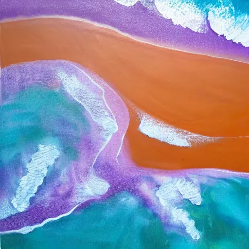 Image similar to Arial shot of a beach with orange sand and a sea of purple, acrylic painting