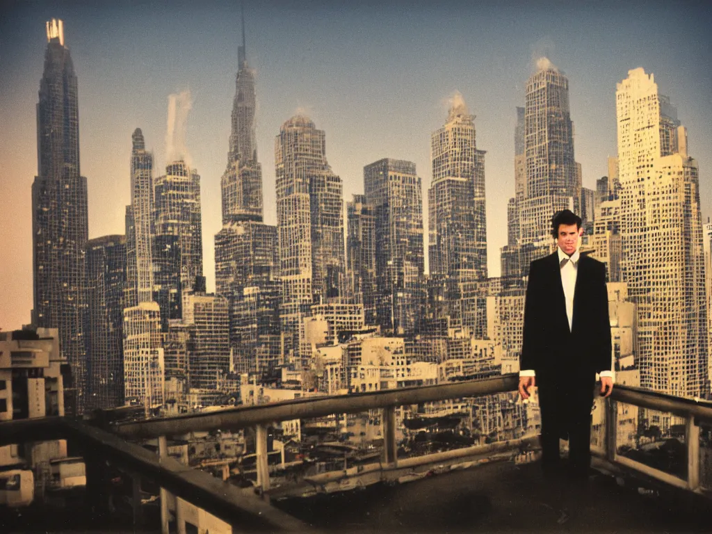 Prompt: 8 0 s polaroid photo, cinema still, man in suit smoking on the bridge at night with skyscrapers in the background, yellow haze, americana, 8 k resolution, hyperrealistic, photorealistic, high definition, high details, tehnicolor, award - winning photography, masterpiece, amazing colors