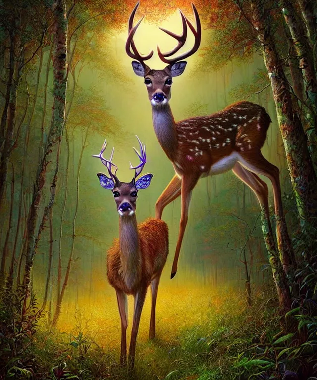 Image similar to a realistic deer, walking through a psychedelic forest, wide angle landscape shot, pixar style by tristan eaton, artgerm and tom bagshaw