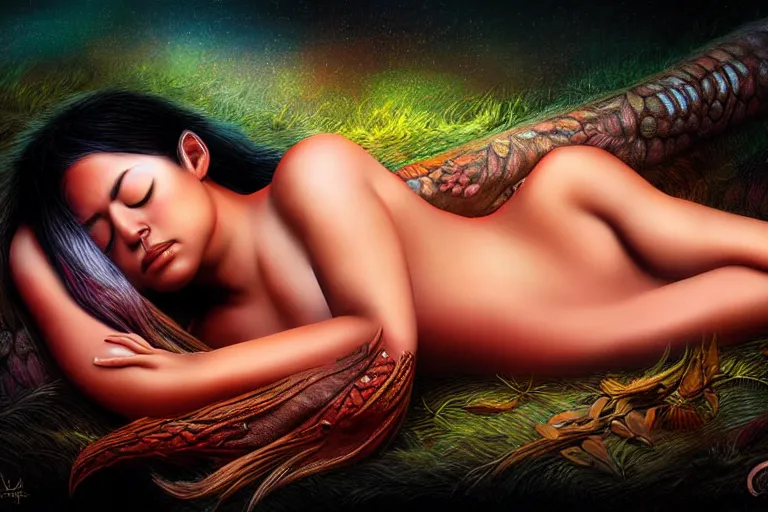 Prompt: polynesian sleeping goddess, anatomy, professional photo lemurian night, realistic texture, detailed soft digital fantasy art