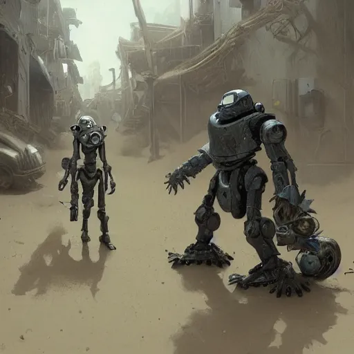 Image similar to two robots in power armor fleeing in a sand covered street, horrible smoke monster made of bones, post apocalypse, ruined subdivision houses, Sci Fi, intricate, elegant, highly detailed, digital painting, artstation, concept art, matte, sharp focus, illustration, art by Greg Rutkowski and Alphonse Mucha