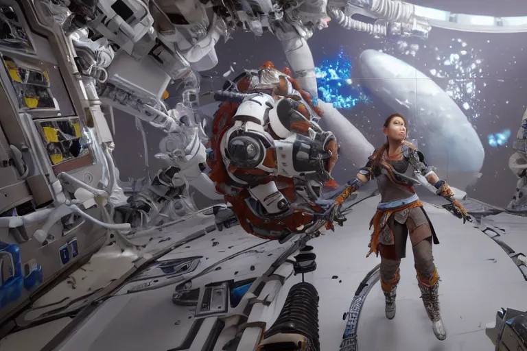 Image similar to cinematic picture of aloy from the horizon zero dawn videogame playing the guitar in the international space station, unreal engine 5