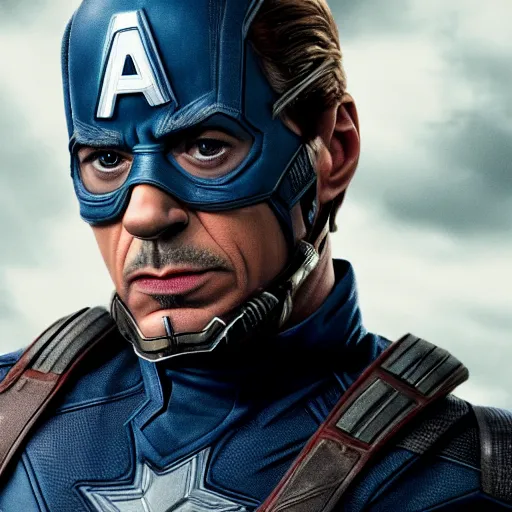 Prompt: Robert Downey Jr as captain america, 8k ultra hd, hyper detailed