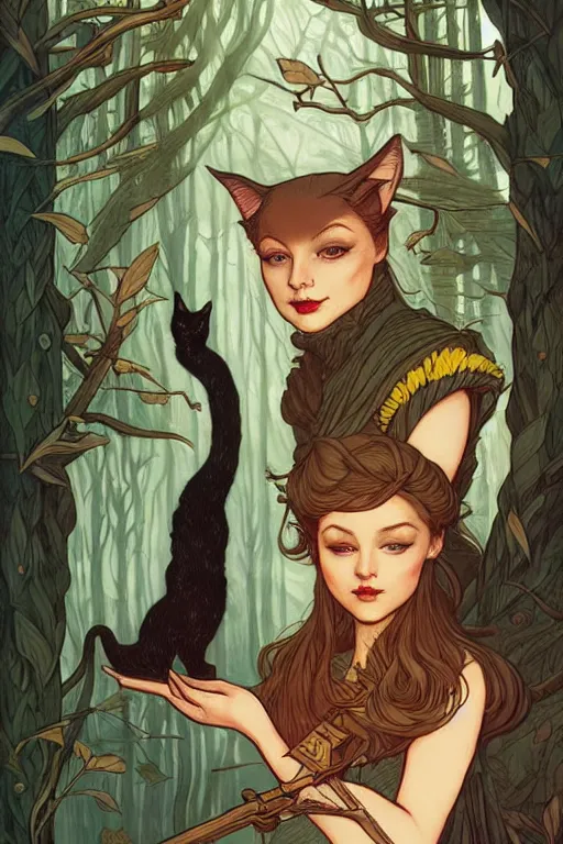 Prompt: concept art design illustration, forest, cat, witch, fantasy book cover illustration!!, 1 6 colors, logo, ink drawing, art by jc leyendecker and sachin teng