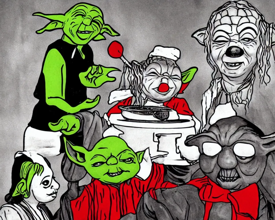 Prompt: yoda hosts a cookin show with an ugly clown, black and white