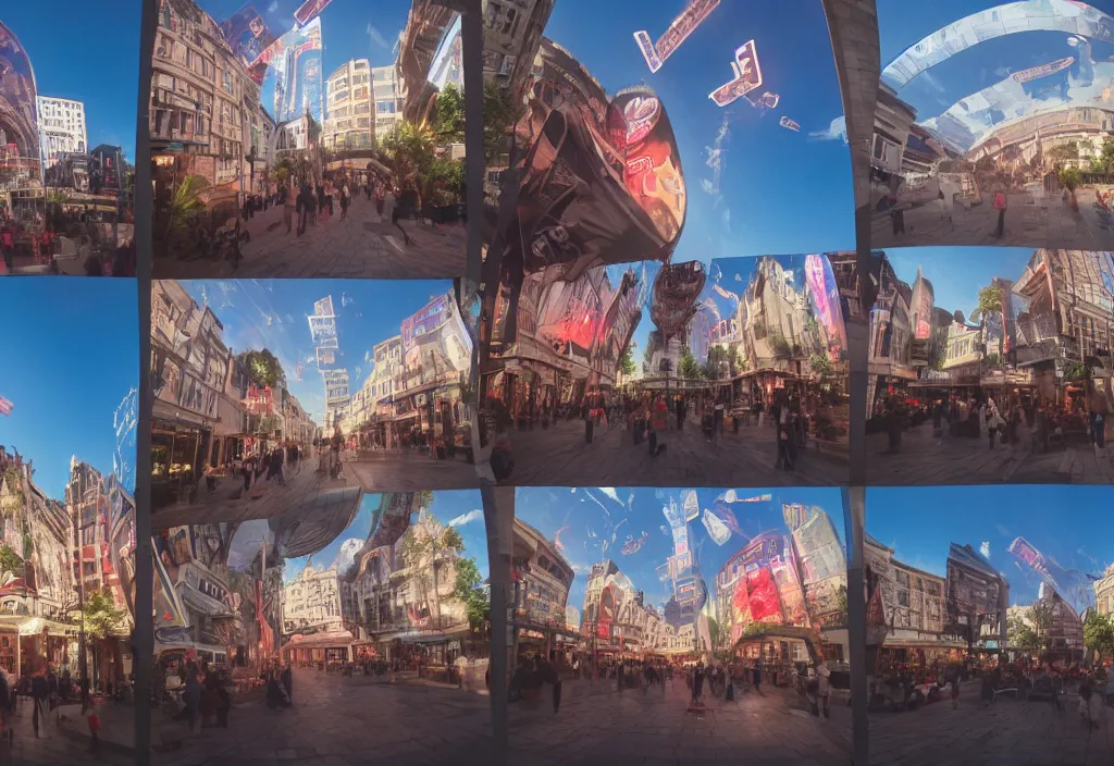 Prompt: 3 d 🥓 popping out of curved screens, town square, volumetric lighting, creterion collection, shot on 7 0 mm, instax