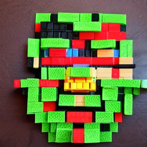 Prompt: a face made out of rubiks cubes and lettuce.