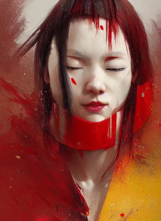 Image similar to a realistic detail portrait of a beautiful japanese ninja has black and red hair, crying, raining mist oil painting by julian calle, greg rutkowski, finnian macmanus, syd mead trending on artstation, red and yellow scheme, 8 k, wide - angle lens