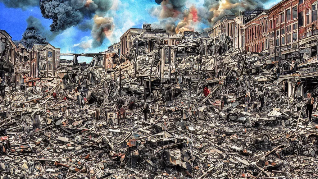 Image similar to the pain and chaos of a town being bombed on market sunday, digital art