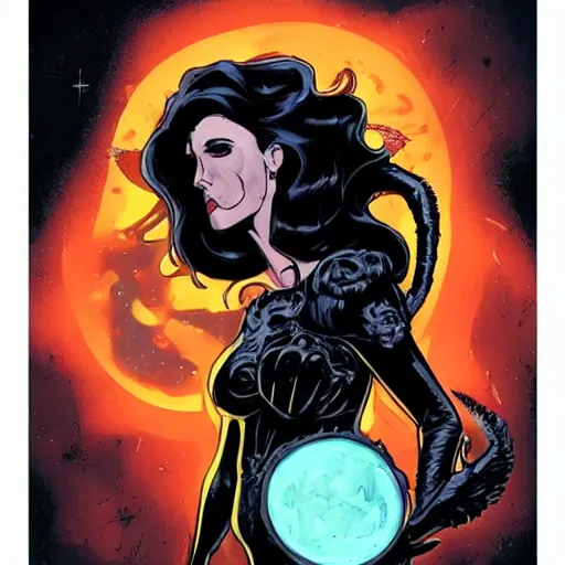 Prompt: Jennifer Connelly as dark angel gothic atompunk evil Disney villain queen with black feather hair, feathers growing out of skin, in front of space station window, Mike mignola, trending on artstation, comic book cover, illustration