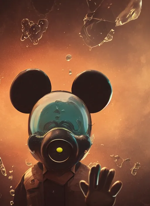 Image similar to mickey mouse, gas mask, fractal, leathery, wet, broken, melting, rococo, mycelium, baroque, sumerian, radiant alien, magic kingdom, octane render, high detail