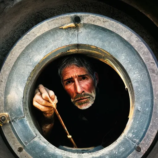 Image similar to closeup portrait of a man fishing in a manhole in a smoky new york street , by Annie Leibovitz and Steve McCurry, natural light, detailed face, CANON Eos C300, ƒ1.8, 35mm, 8K, medium-format print