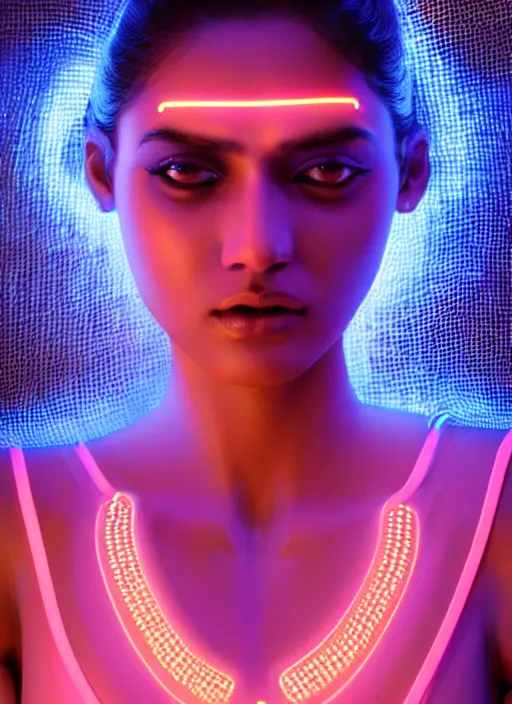 Image similar to indian female humanoid, cyber neon lighting, retro futurism, intricate futuristic led lit jewelry, retro futuristic glossy white latex swimwear, profile posing, hyper photorealistic, crispy quality, digital photography, trending in artstation, trending in pinterest, cinematic, 4 k ultra hd, art by pascal blanche, art by greg rutkowski,