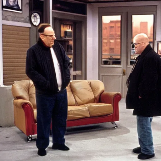 Prompt: Walter White talking to Jerry on the set of Seinfeld.