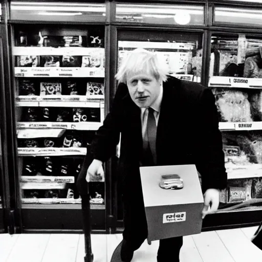 Prompt: cctv footage of Boris Johnson shoplifting