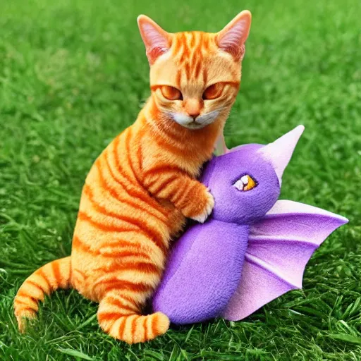 Image similar to tiny adorable purple fantasy dragon cuddles an orange tabby cat, realistic, orange tabby cuddles purple dragon, award - winning photography