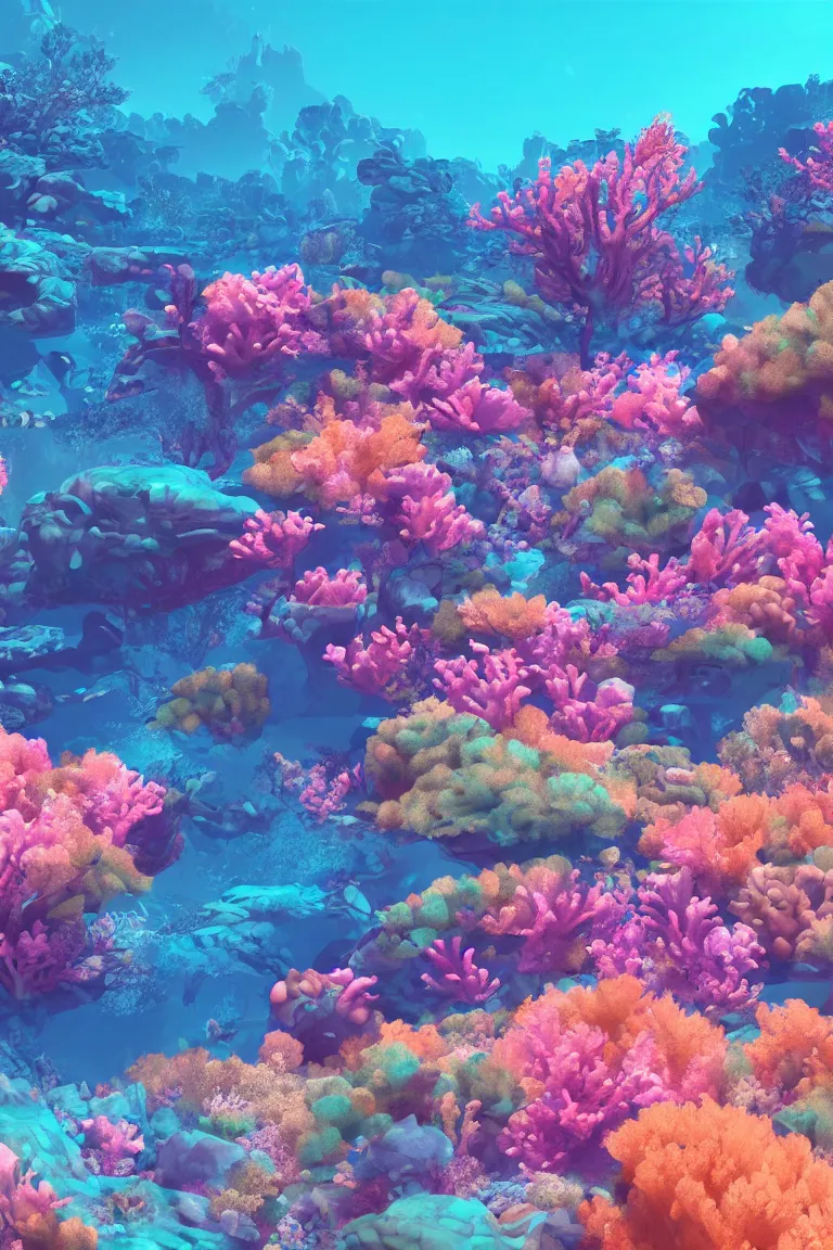 Image similar to mesmerizing underwater neon coral bioluminescent reef landscape magical realism painting with sun rays coming from above, neon pastel colors, octane render, maya, cinema 4d