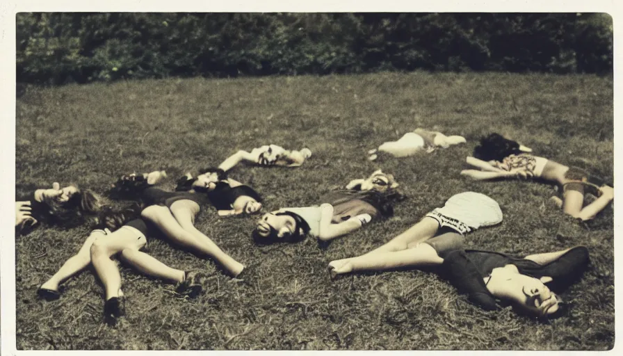 Image similar to A burnt! polaroid photograph of some 70s teenagers lays on the ground