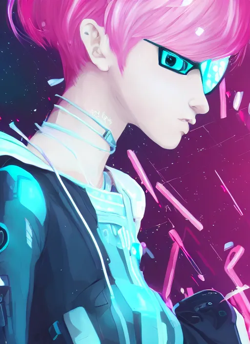 Image similar to woman with pink hair and blue eyes, wearing a white and turquoise colored outfit, cyberpunk city landscape, 4k, anime key visual, lois van baarle, ilya kuvshinov, rossdraws, artstation