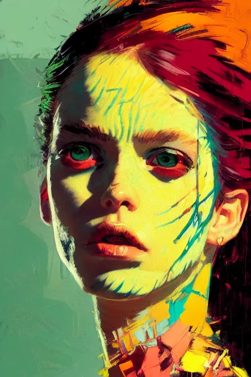 Image similar to portrait of a beautiful punk girl, complementary colors, beautiful face, rule of thirds, intricate outfit, spotlight, by greg rutkowski, by jeremy mann, by francoise nielly, by van gogh, digital painting