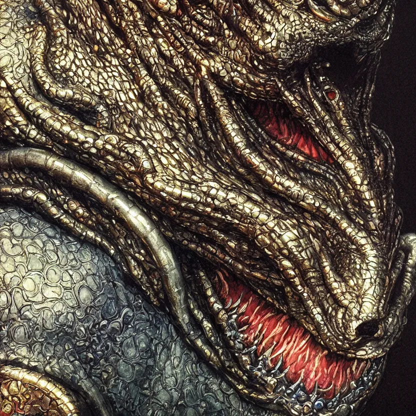 Prompt: a baroque neoclassicist close - up portrait of a metallic dragon, gazing intensely. reflective steel detailed textures. glowing colorful fog, dark black background. highly detailed fantasy science fiction painting by moebius, norman rockwell, frank frazetta, and syd mead. rich colors, high contrast. artstation