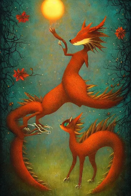 Image similar to surreal hybrid dragons and foxes, nostalgia for a fairytale, magic realism, flowerpunk, mysterious, vivid colors, by andy kehoe, amanda clarke