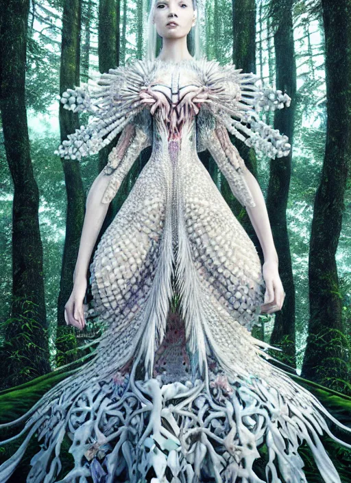Prompt: a beautiful hyperrealistic ultradetailed 3D, one girl in a magnificent McQueen couture clothes on the background of a futuristic forest, Designer clothes, futuristic clothes, clothes from the future, biopunk, voge photo, fashion style, fullbody, in full growth, intricate, elegant, highly detailed, artstation, concept art, smooth, sharp focus, illustration, art by and greg rutkowski and orientalism and bouguereau and Zdzislaw Beksinski, good clear quality, lighting,