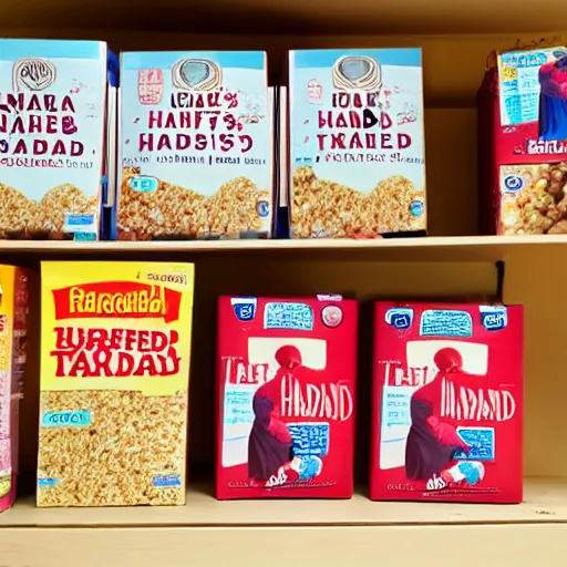 Prompt: box of handmaid's tale breakfast cereal on a shelf