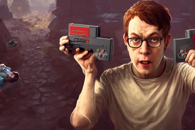 Image similar to portrait of the angry video game nerd, holding nes zapper, detailed fantasy face, rule of thirds, league of legends splash art, path traced, enigmatic lighting, beige gradient, shinji aramaki, karol bak, alphonse mucha, colin searle, artstation, ray tracing, octane unreal engine 5, digital painting