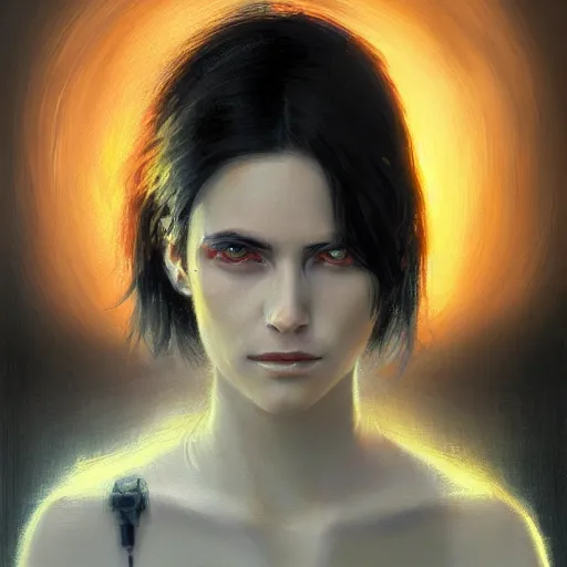 Prompt: close - up portrait of a young beautiful cyberpunk woman, mirror eye implants, short black hair, sunset, painted by seb mckinnon, high detail, digital art, painted by greg rutkowski, trending on artstation