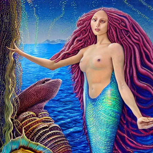 Prompt: hyperrealism, intricate detail, gilbert williams and sandro botticelli portrait of tan sumerian mermaid goddess atargatis, techno mystic goddess princess intergalactica, with aqua neon rapunzel dreadlocks adorned in seashells, near crystal temple in atlantis, iridescent dolphins swimming in the sea, unicorn flying in the sky, paleozoic atlantis