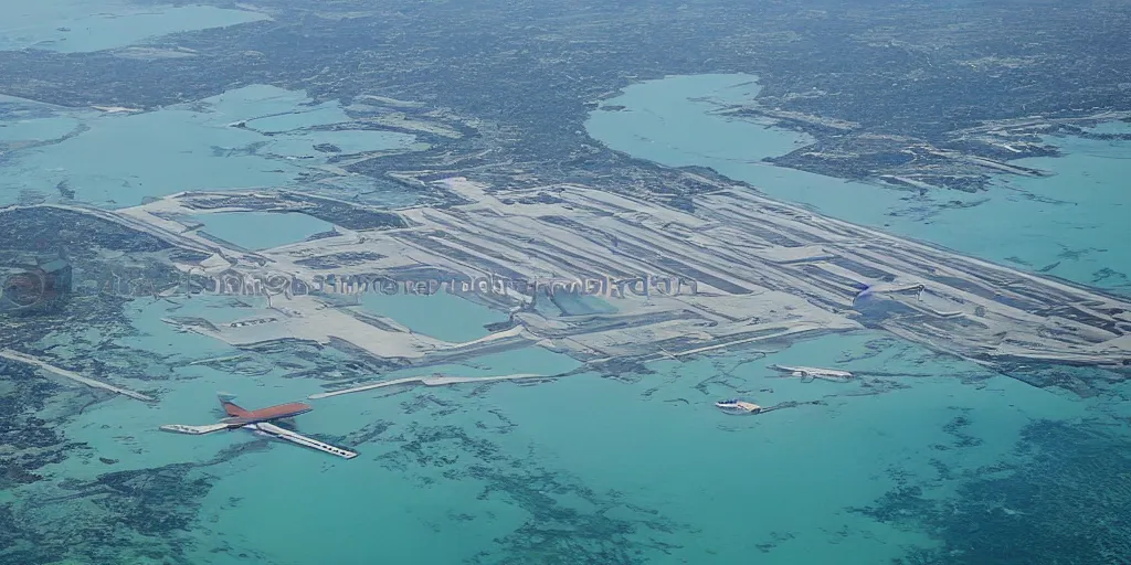 Prompt: aerial view of airport underwater. submerged airport. in the style of Caspar David Friedric. Aerial view